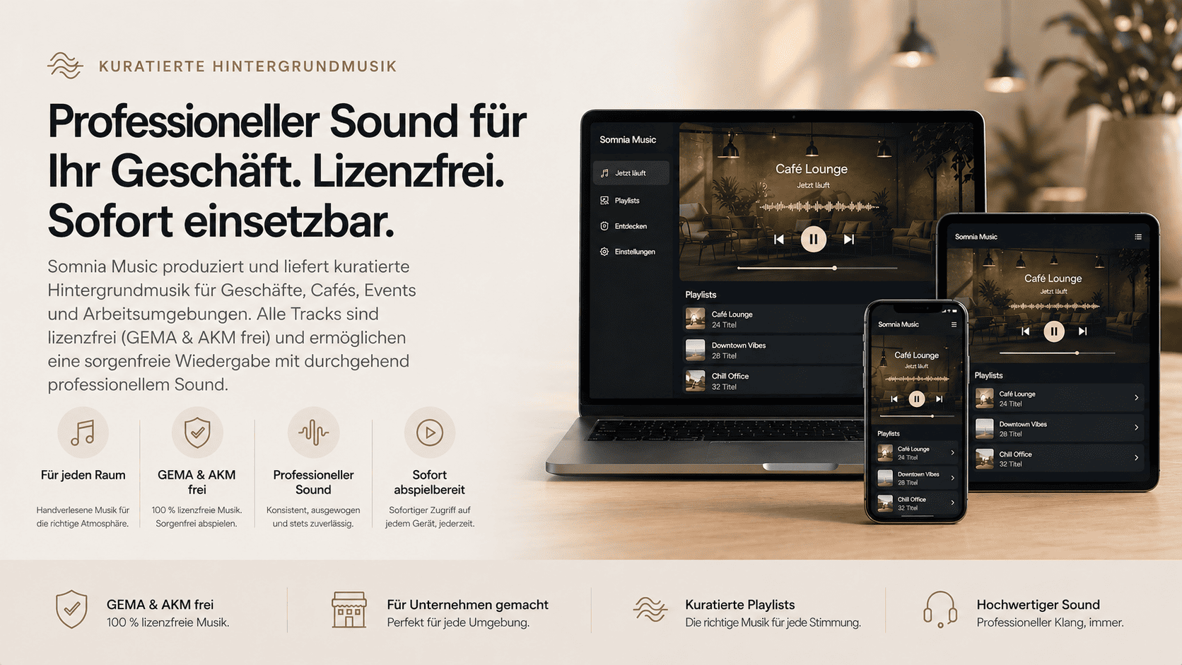 SomniaMusic – kuratierte Hintergrundmusik für Unternehmen, mit Musikplayer auf Laptop, Tablet und Smartphone